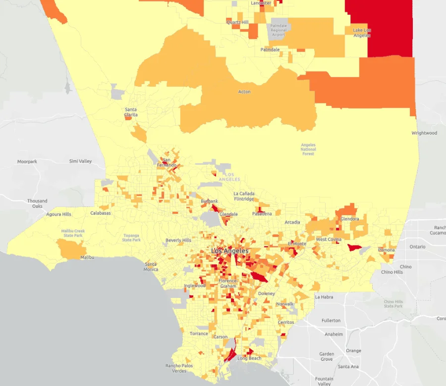 An informative map of Los Angeles showcasing the population figures, representing the number of people residing in different neighborhoods that could join the Delete the Divide Program