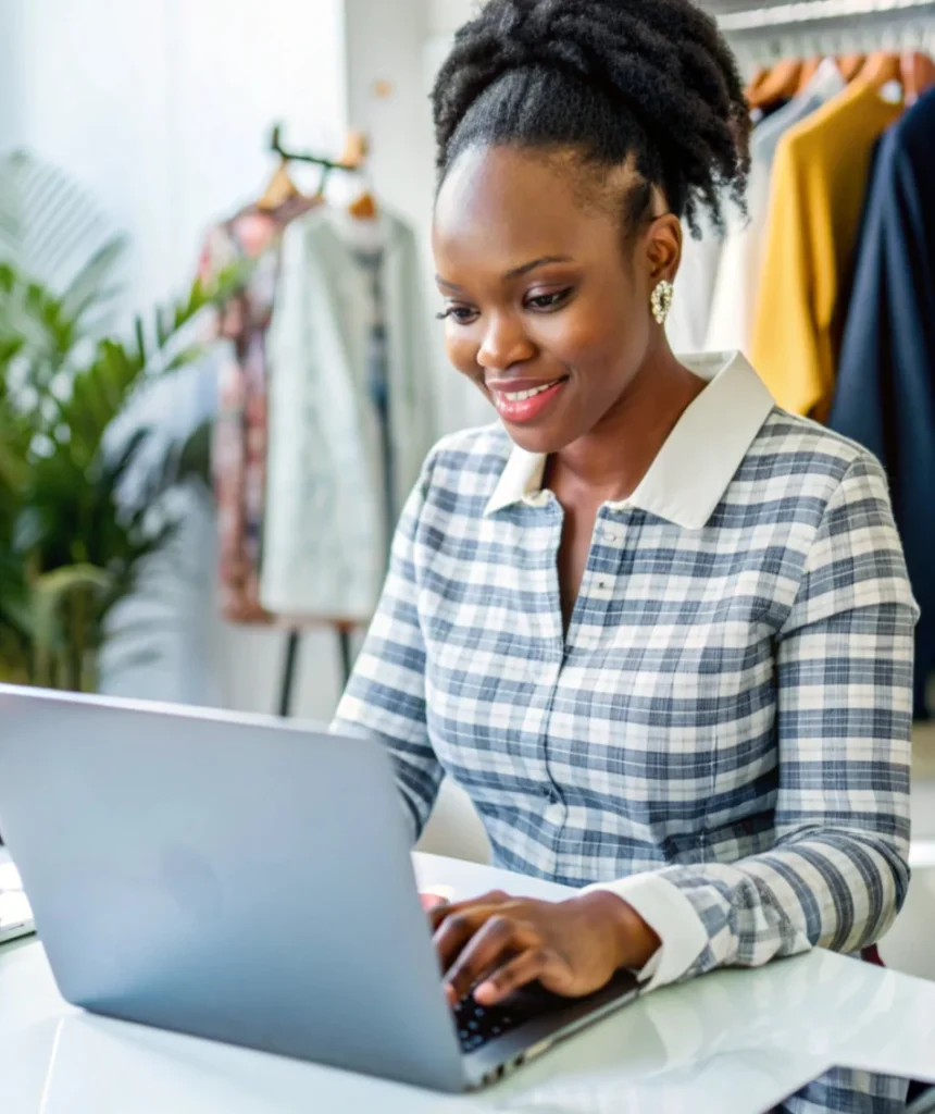 A woman in a plaid shirt utilizes her laptop, illustrating the concepts of If you're in need of assistance or have questions about our resources, use the form to Contact Braven Foundation Today and discover how we can help your business or organization with digital transformation and business growth.