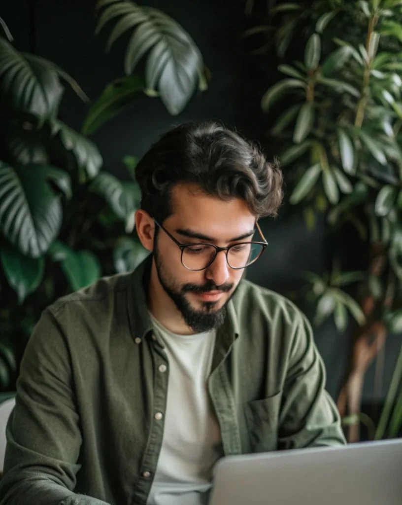 A man wearing glasses focuses intently on his laptop, engaged in digital transformation programs.